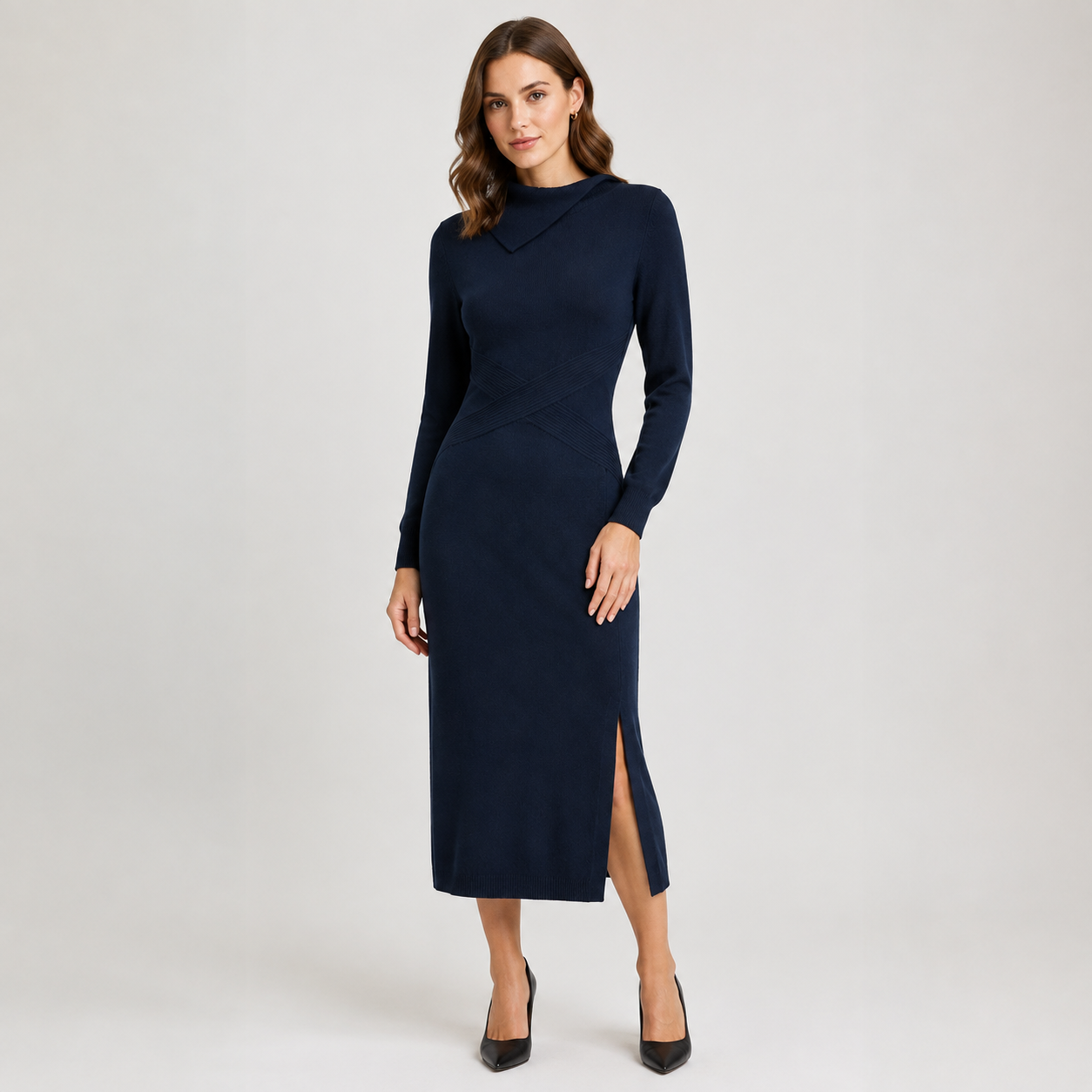 Fold-Collar Knit Dress