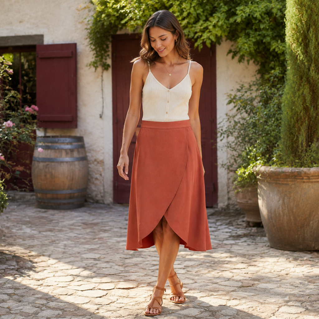 Crescent-Panel Midi Skirt