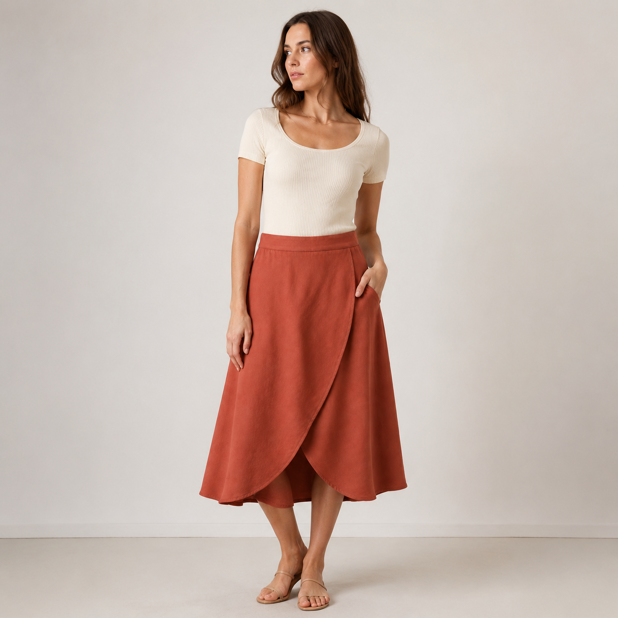 Crescent-Panel Midi Skirt