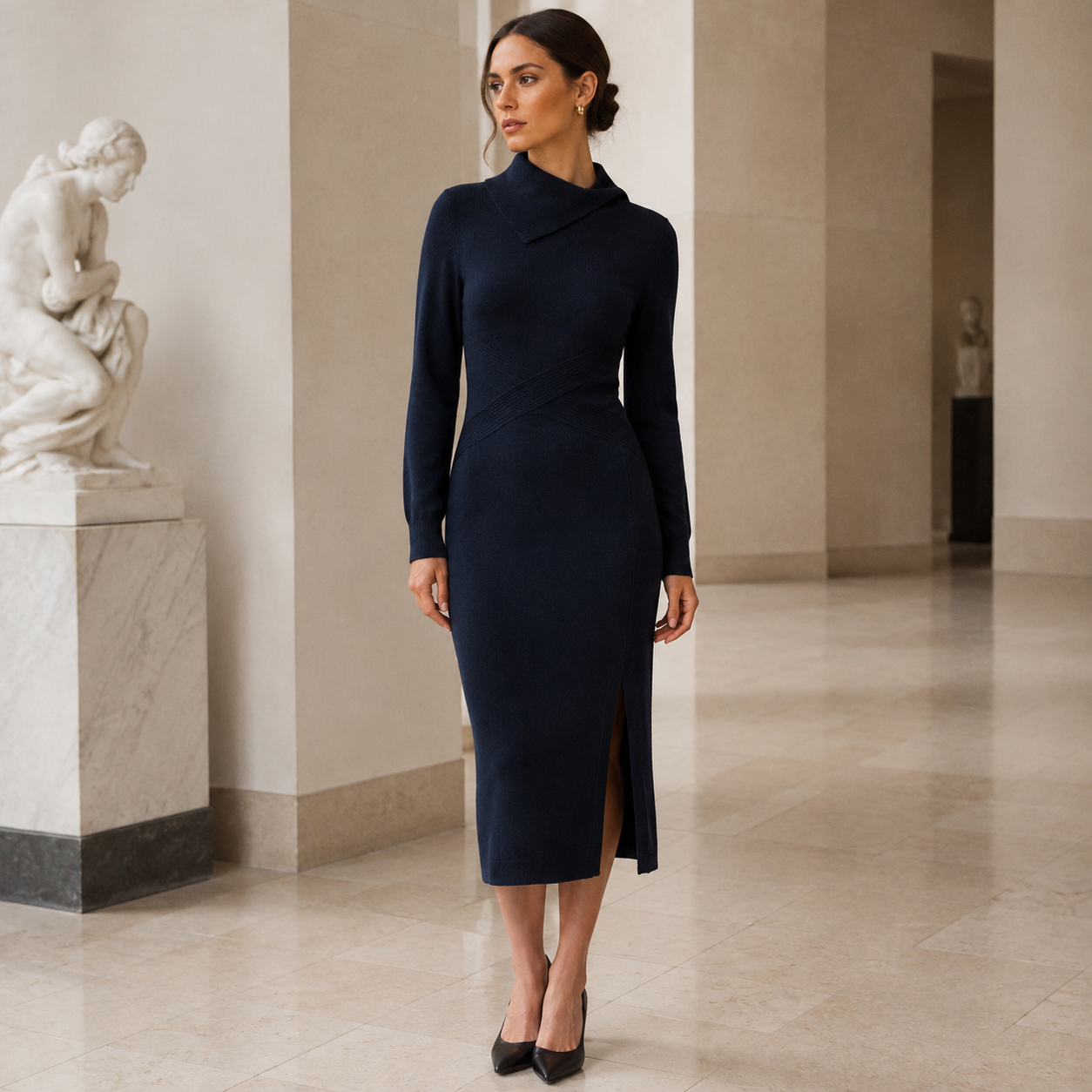 Fold-Collar Knit Dress