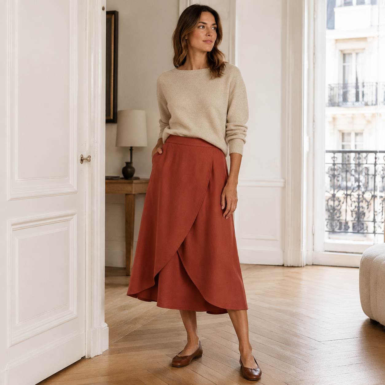 Crescent-Panel Midi Skirt
